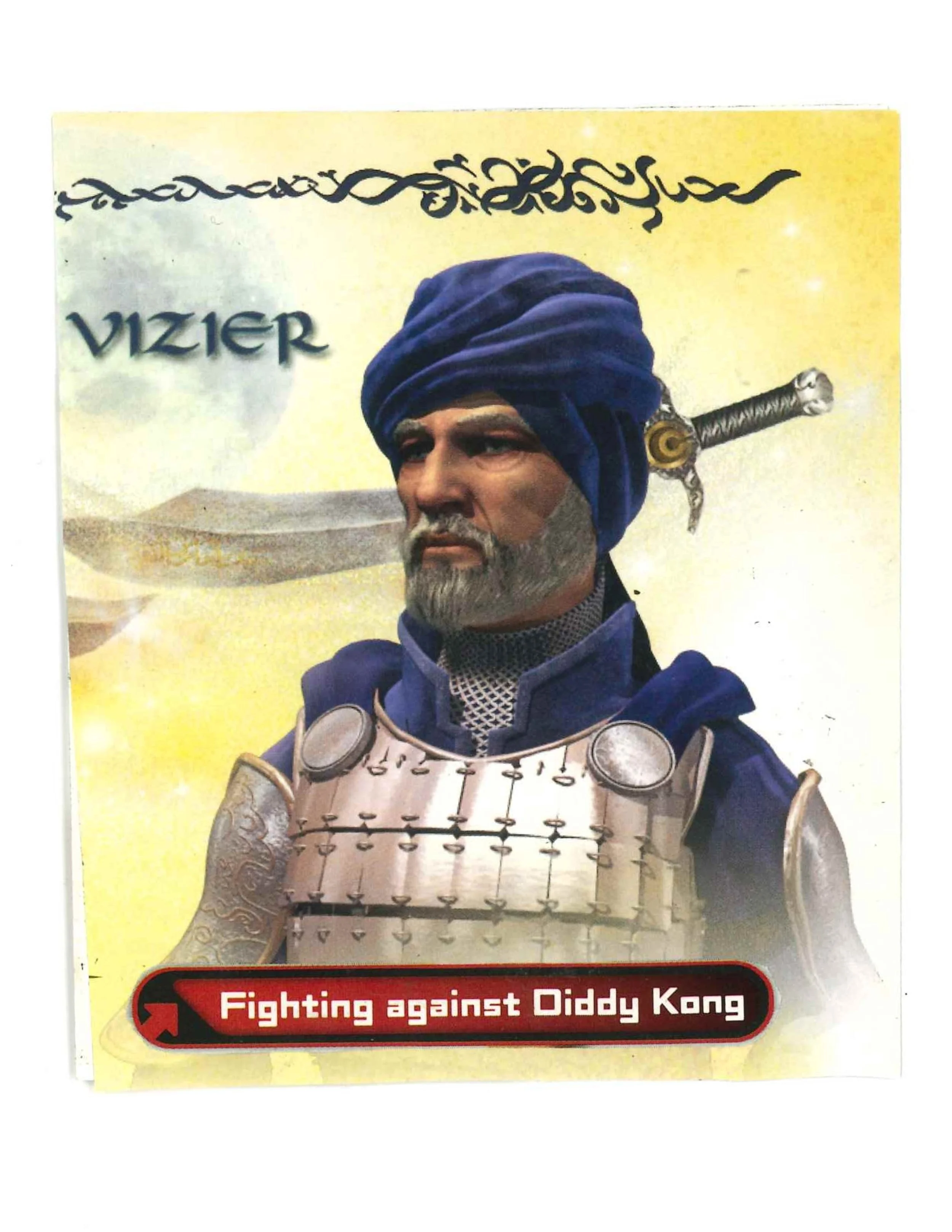 Illustration of a vizier in armor with a sword, labeled 'Fighting against Diddy Kong'.