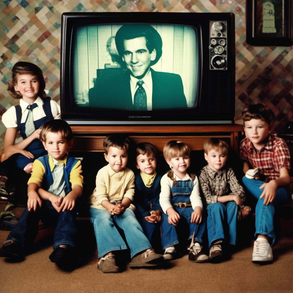 A group of young children sitting on the floor in front of a vintage television displaying a black-and-white image of a man. The children are wearing 1970s-style clothing.