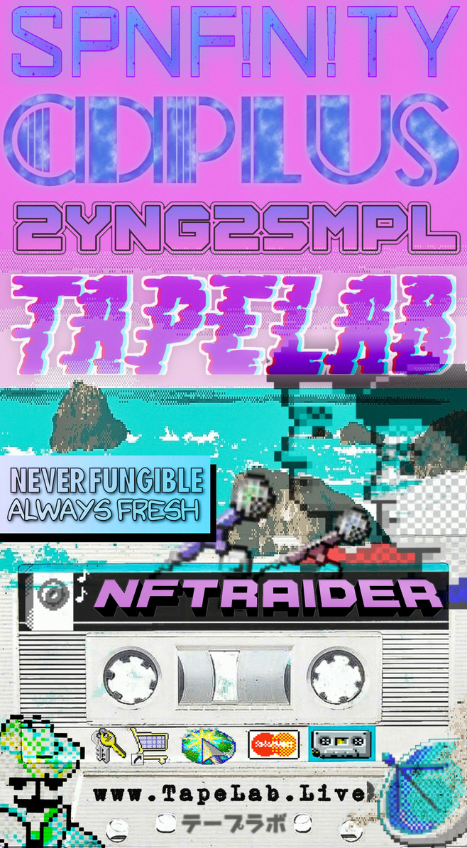 A digital collage featuring neon-styled text, a pixel art beach scene, and a cassette tape. The words 'SPINFINITY,' 'CIPILUS,' '2YNG2SMPL,' and 'TYPE43' are displayed in vibrant, stylized fonts. The collage also includes a pixelated figure on a bicycle by the water, a speech bubble with the text 'NEVER FUNGIBLE ALWAYS FRESH,' and various retro digital icons and symbols, all set against a pink and blue gradient background.