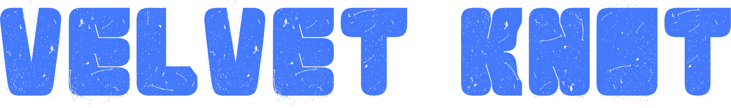 Text "VELVET KNOT" in blue, bold font with a distressed texture.