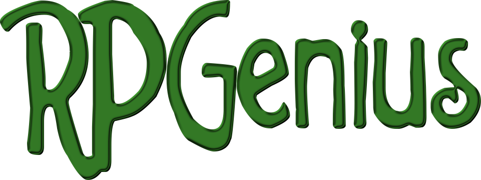 Text "RPGenius" in distorted green font on a green background.