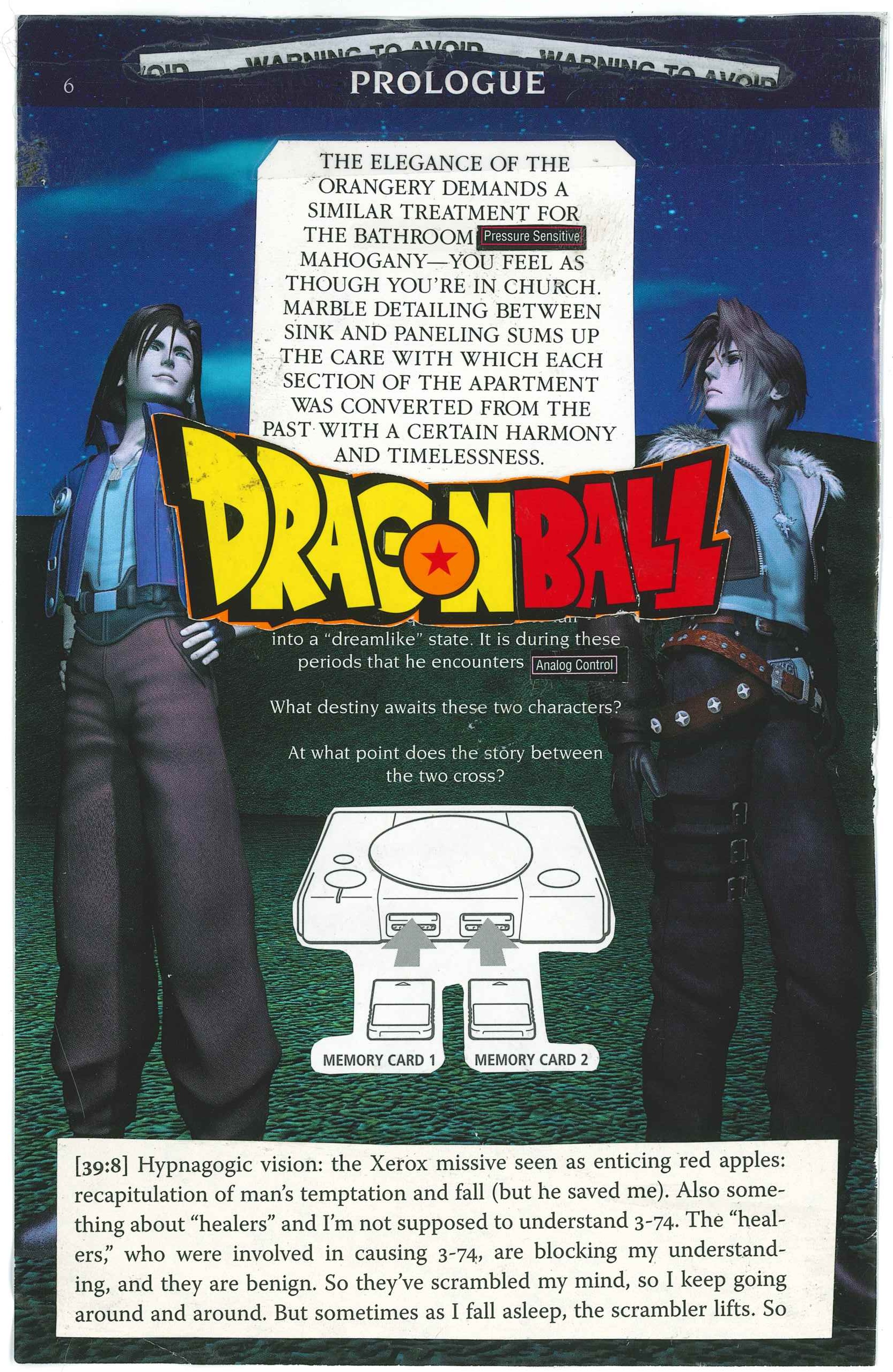 Collage featuring two animated characters, text discussing an orangerie's elegance, the Dragon Ball logo, a PlayStation-like console, and poetic reflections on vision and understanding.