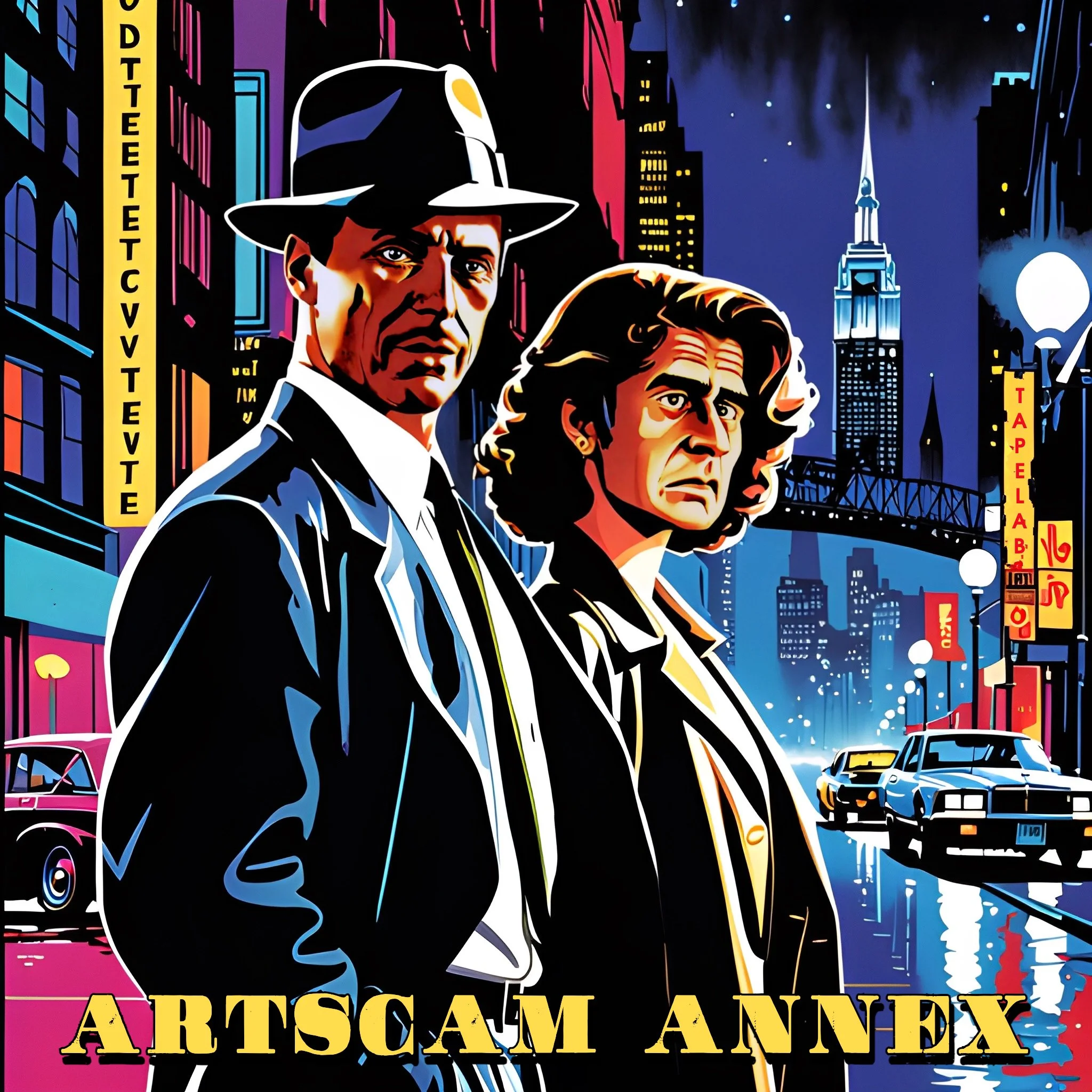 Stylized illustration of two men in trench coats and hats, with a colorful cityscape backdrop featuring classic cars and neon lights, reminiscent of a film noir setting. Text reads 'ARTSCAM ANNEX.'