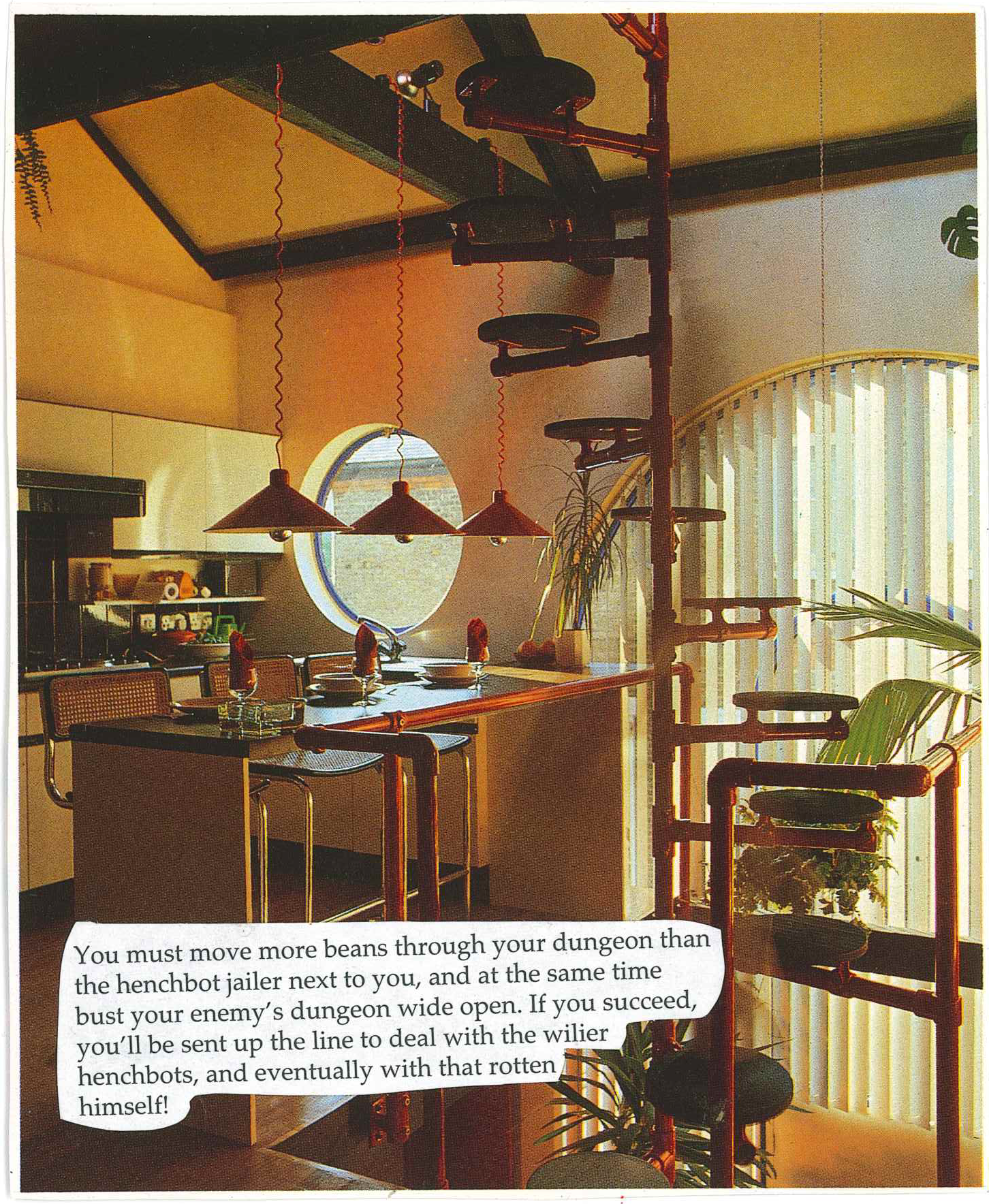 Modern indoor dining area with unique design elements, featuring a table with chairs, circular wall cutout, hanging lamps, plants, vertical spiral structure, and printed text overlay.