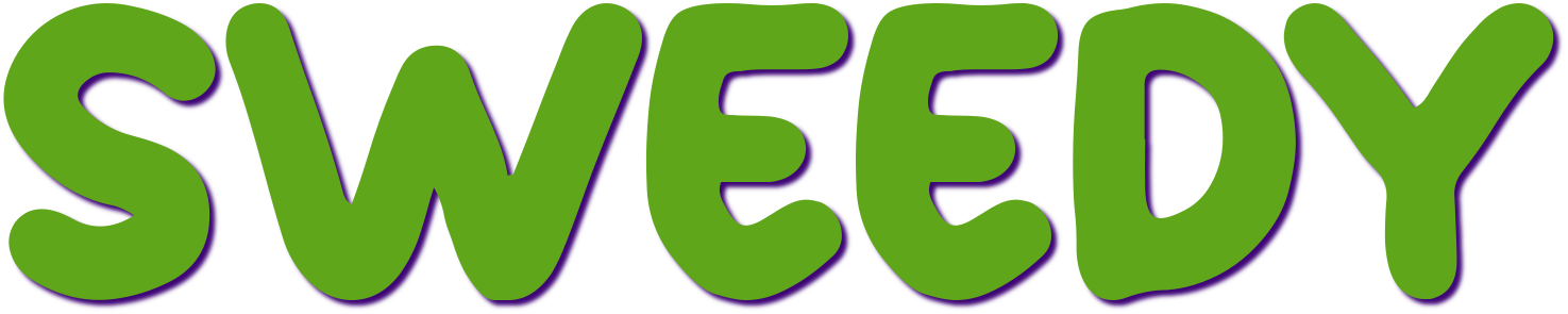 The word 'SWEEDY' in bold green letters with a purple outline.