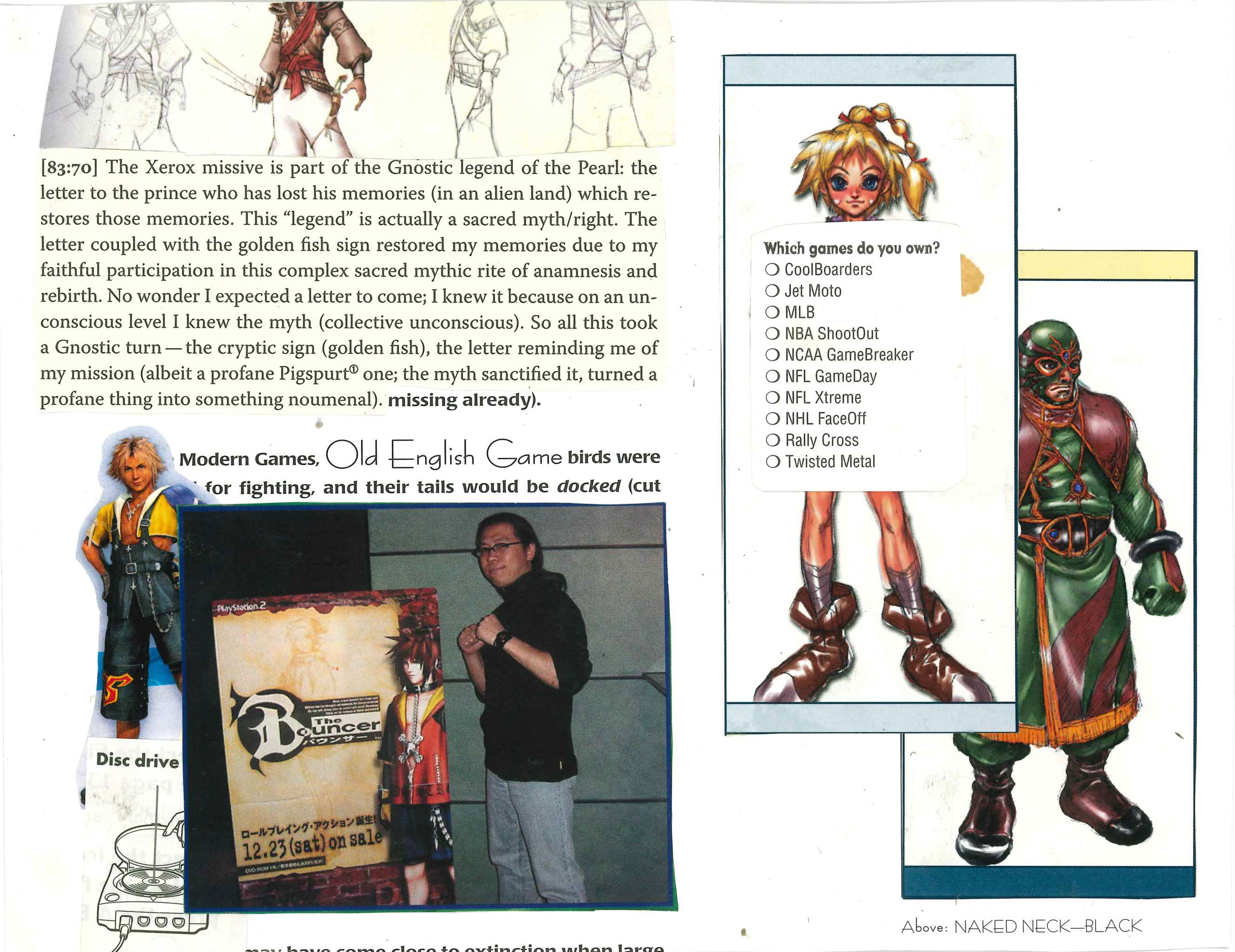 Collage featuring text on Gnostic legend, a photo of a PlayStation 2 game cover with a person posing, video game characters, and a list of games like CoolBoarders and Twisted Metal.