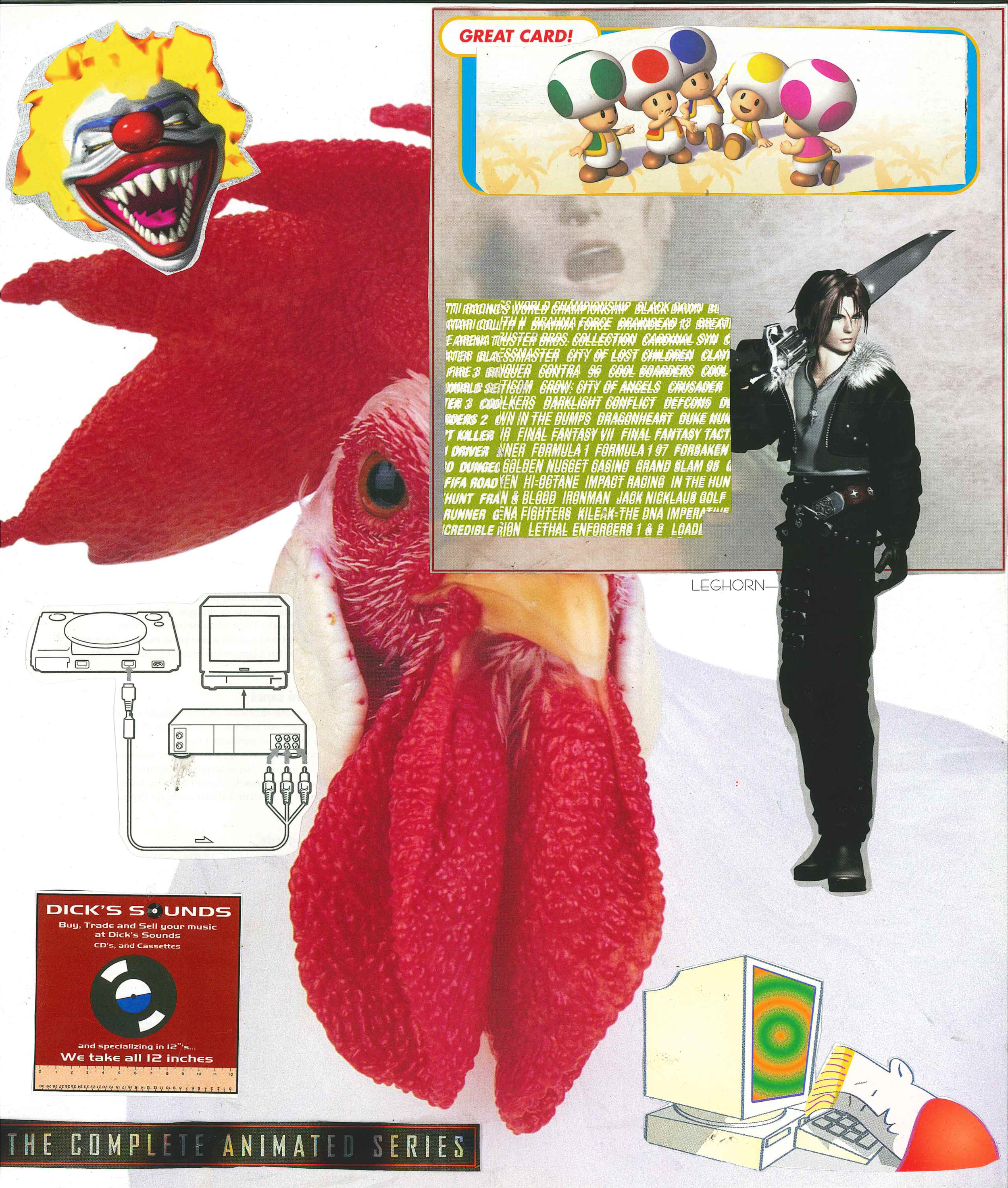 Collage with clown mask, colorful mushrooms, text list, video game character, chicken with a comb, CD ad, game console and monitor, computer with rainbow screen.