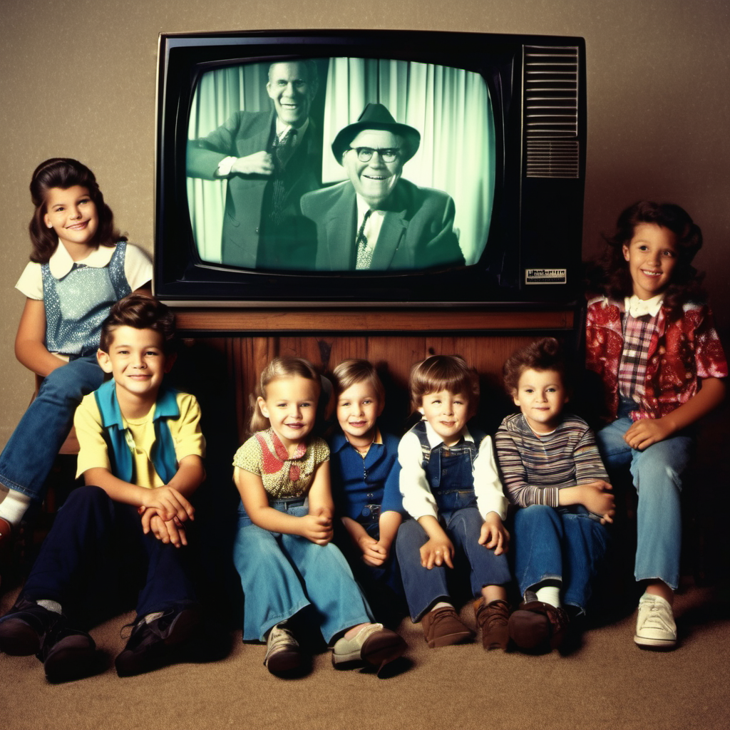 Seven children sitting on the floor in front of an old-fashioned television displaying a black-and-white image of two men, one wearing a hat, in a classic TV show scene. The children are smiling and wearing vintage clothing, indicating a retro settin