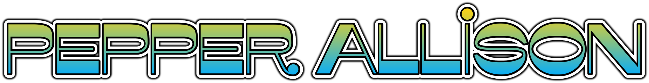 Colorful text "PEPPER ALLISON" with a gradient of green to blue on a black background.