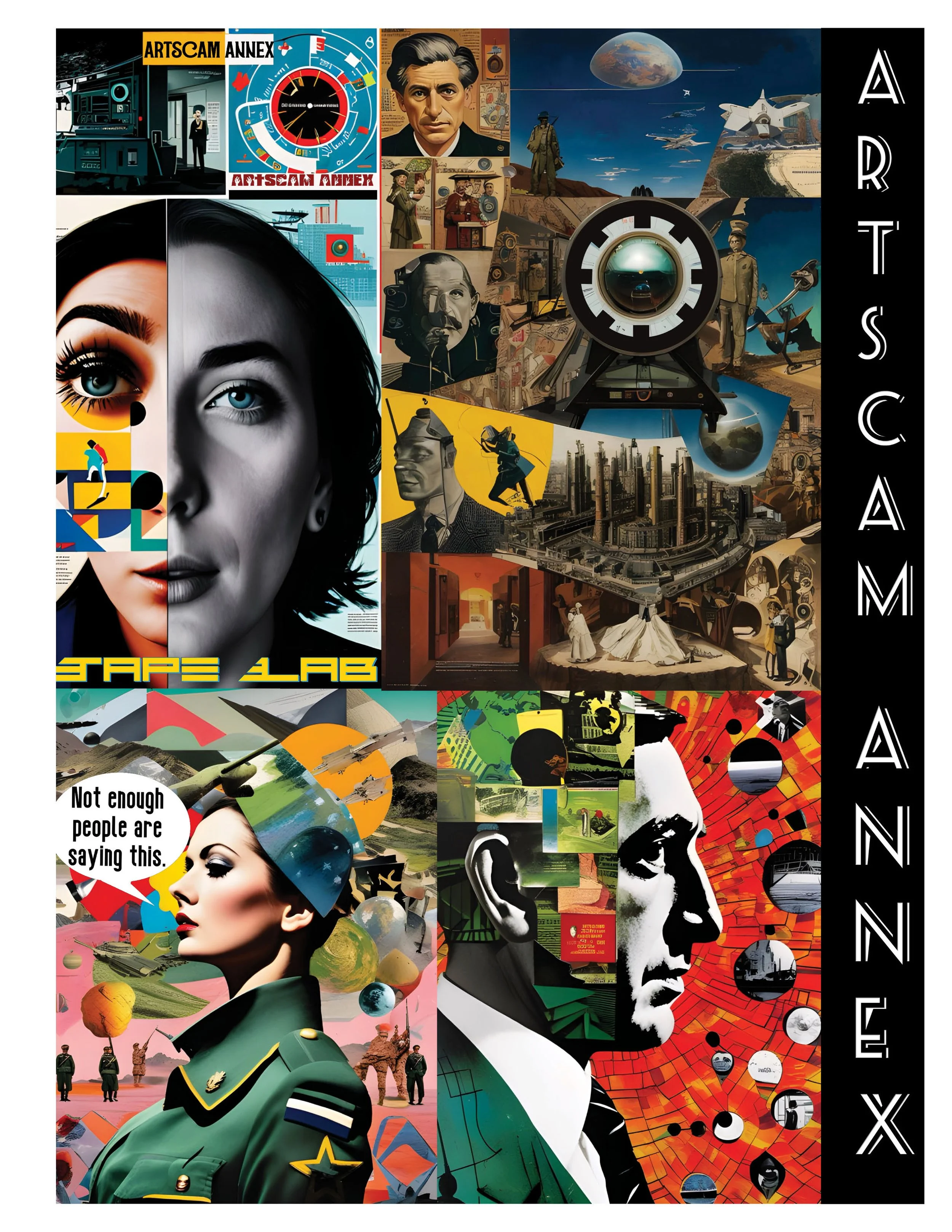 A collage of vintage and futuristic imagery featuring faces, abstract designs, technology, and text like 'ARTSCAM ANNEX' and 'STAFF LAB.' It includes elements like planes, machinery, and a military figure with a speech bubble saying 'Not enough peopl
