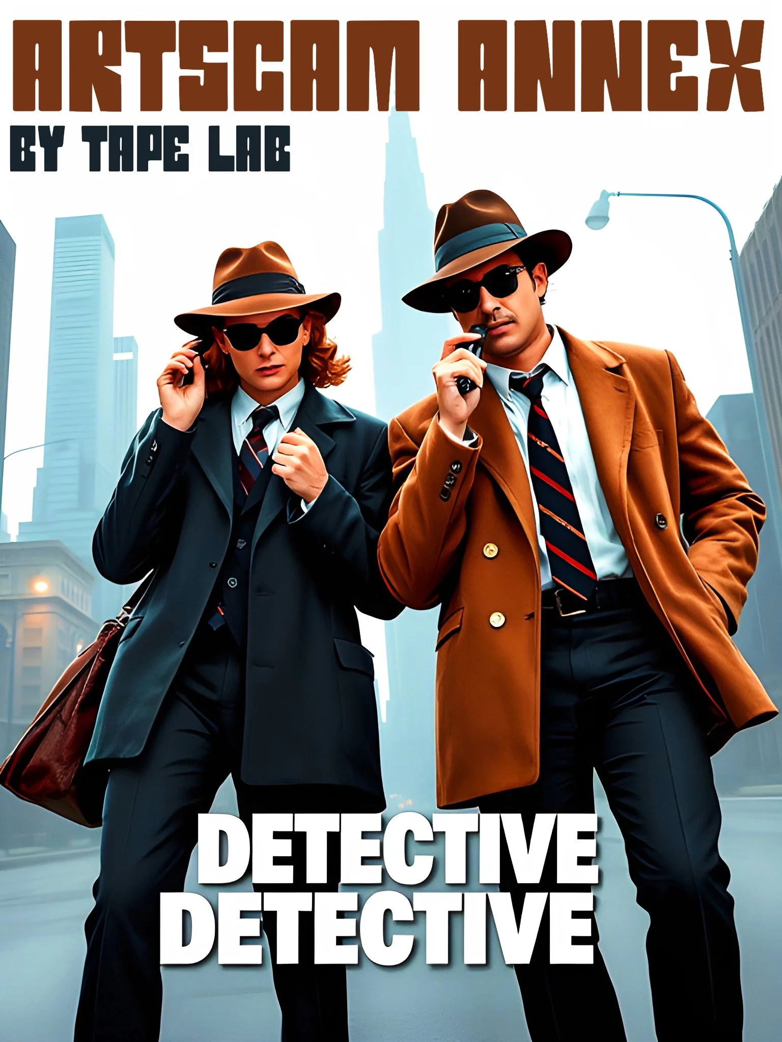 Two detectives in suits and fedoras holding phones, with text "Artscam Annex by Tape Lab" and "Detective Detective" in bold letters.
