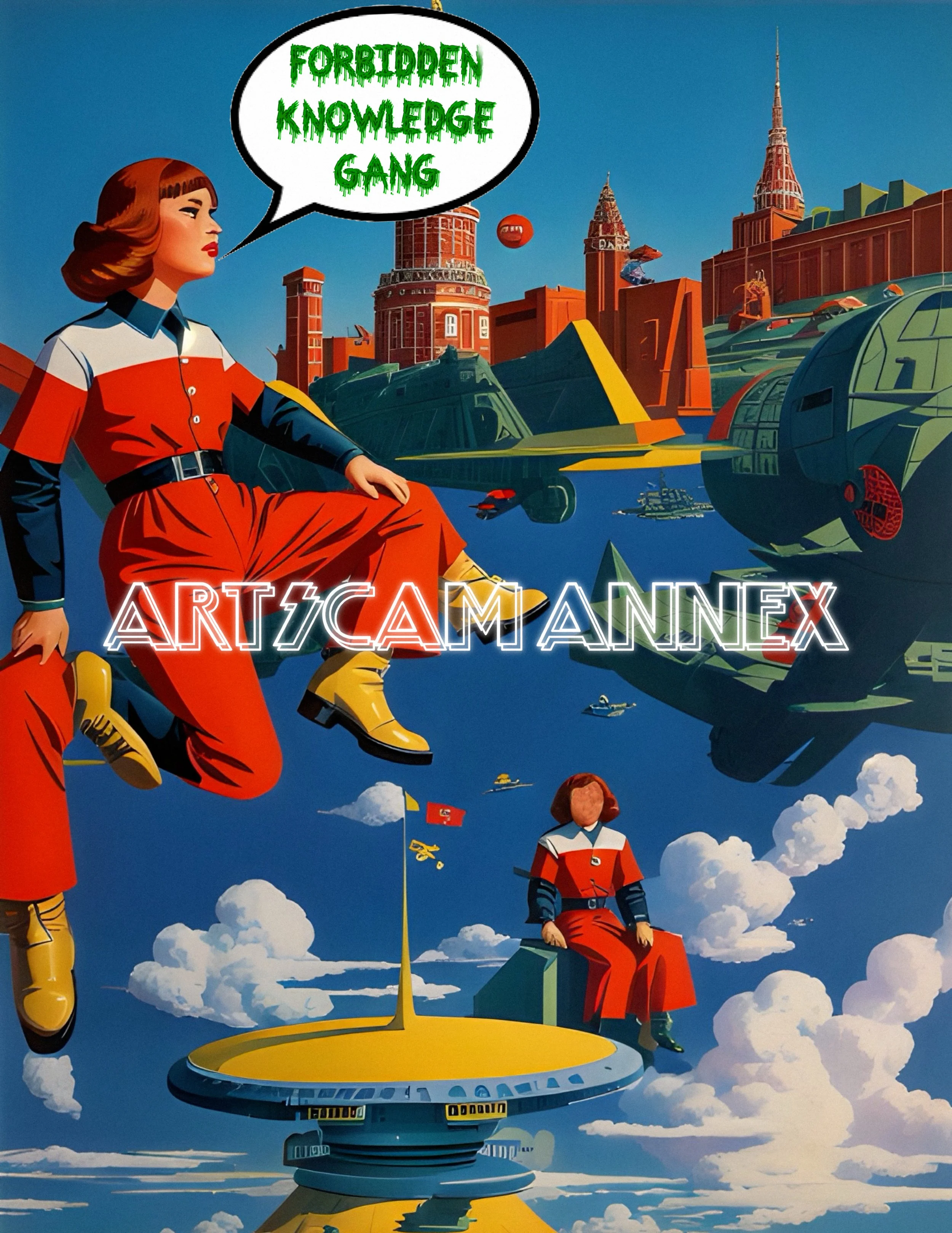 Retro-futuristic artwork featuring a woman in a red and white outfit sitting above a cityscape with futuristic buildings and vehicles. Text bubble reads 'Forbidden Knowledge Gang.' The word 'Art Scam Annex' is prominently displayed. The scene include