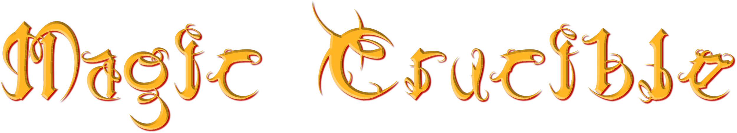 Stylized text "Magic Crucible" in ornate, fiery font
