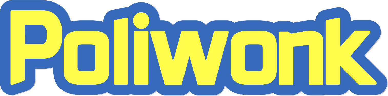 Logo with the text 'Poliwonk' in yellow letters outlined in blue.