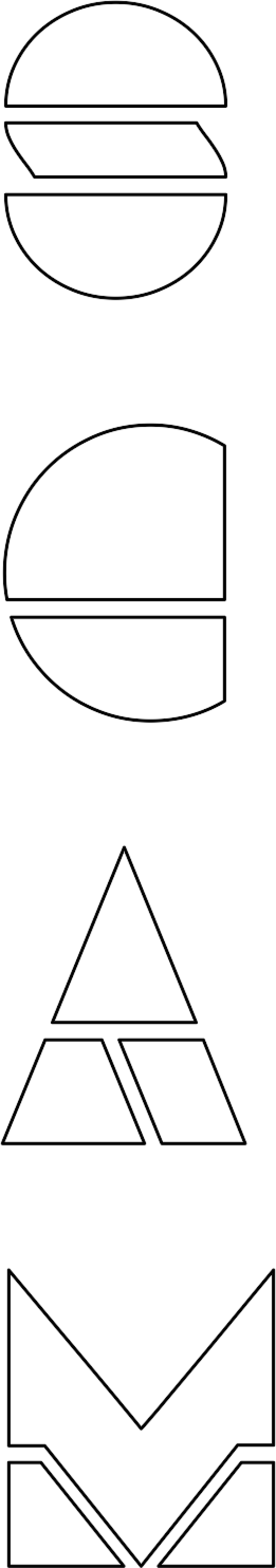 Abstract geometric shapes including circles, triangles, and rectangles arranged vertically with a black and white color scheme.