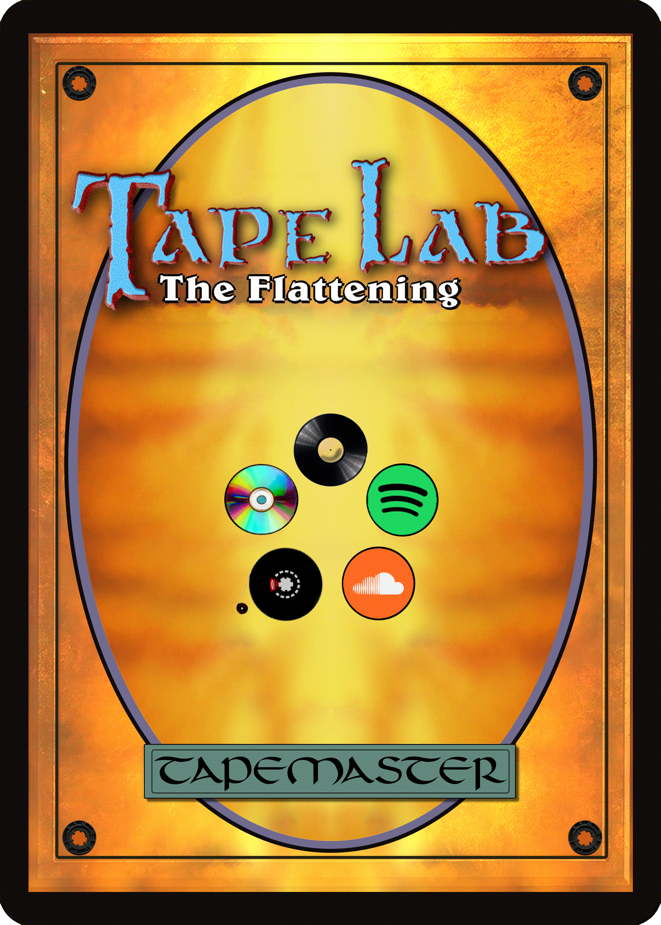 Poster titled "Tape Lab: The Flattening" featuring various music medium icons including vinyl, CD, digital streaming platforms, and "Tapemaster" label at the bottom.