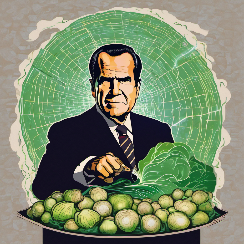Illustration of a man in a suit pointing at a large bowl filled with Brussels sprouts, against a green and white abstract background.