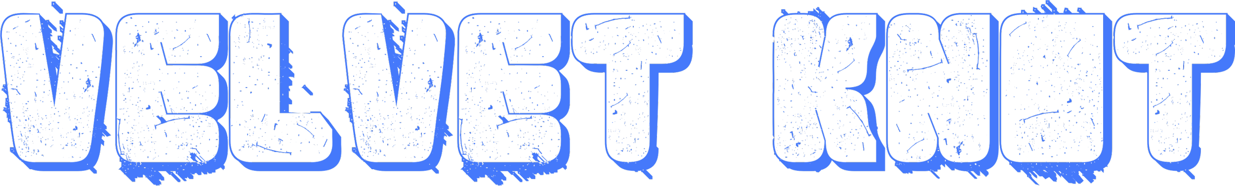 Text 'VELVET KNOT' in bold, textured font with a blue background.