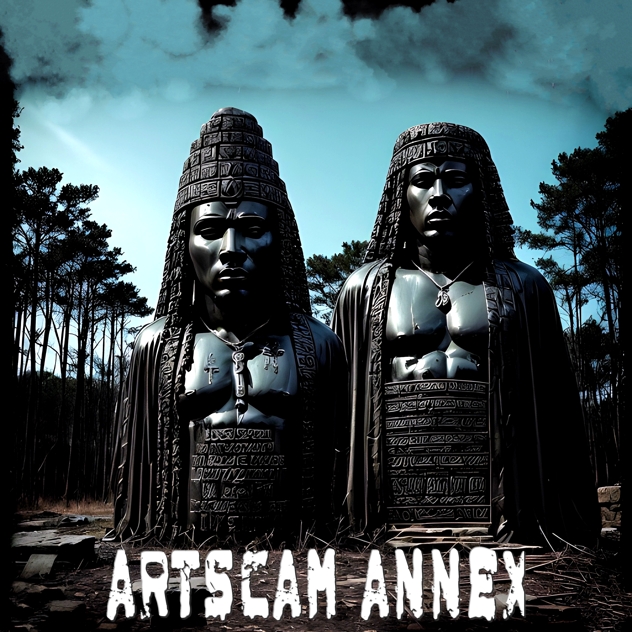 Large black stone statues with inscriptions in a forest setting, silhouetted against a dramatic blue sky. "Artscam Annex" text at the bottom.