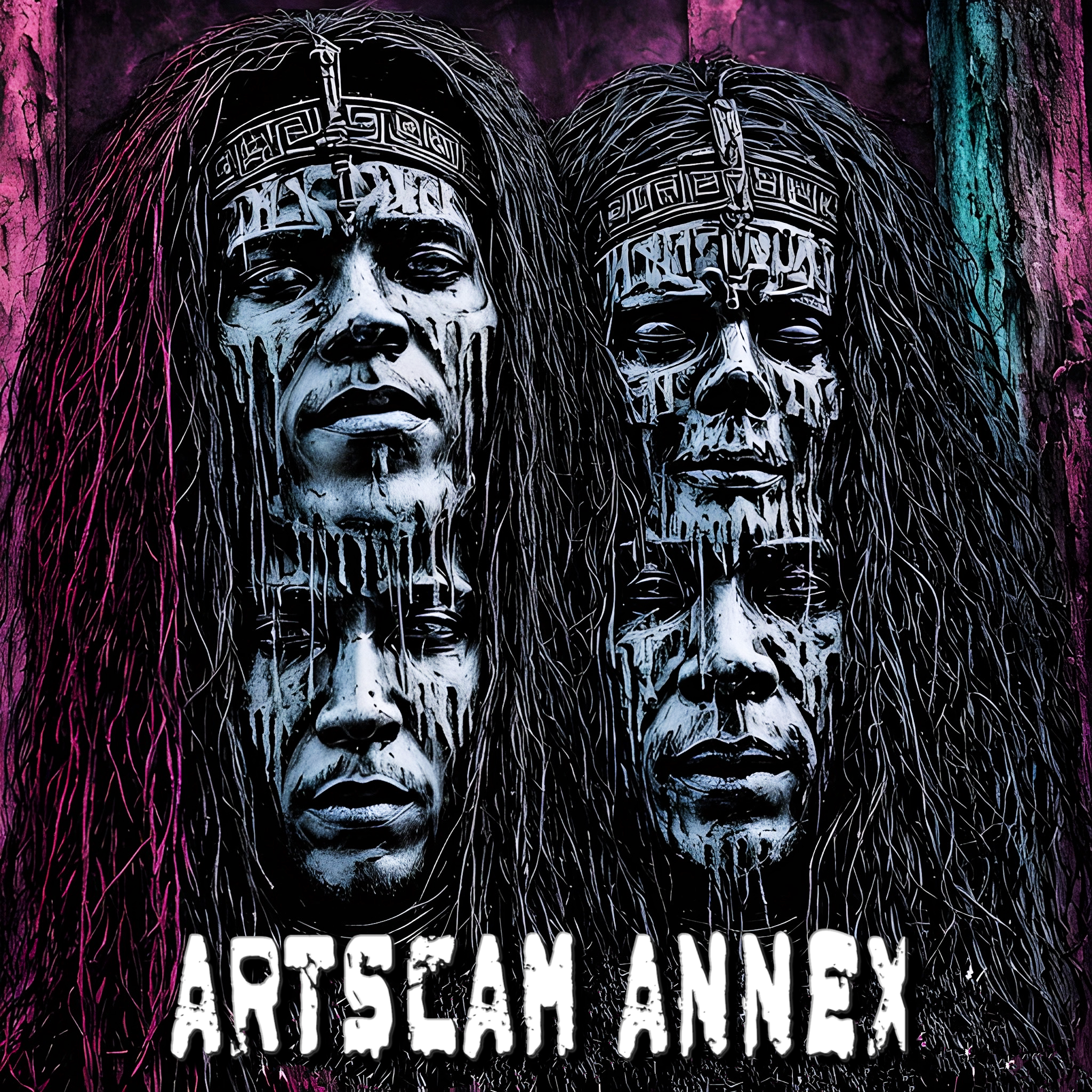Abstract artwork depicting four masks with intricate patterns, elongated hair, and artistic textures. The background features dark tones and colorful accents. The text 'ARTSCAM ANNEX' is displayed in bold white letters at the bottom.