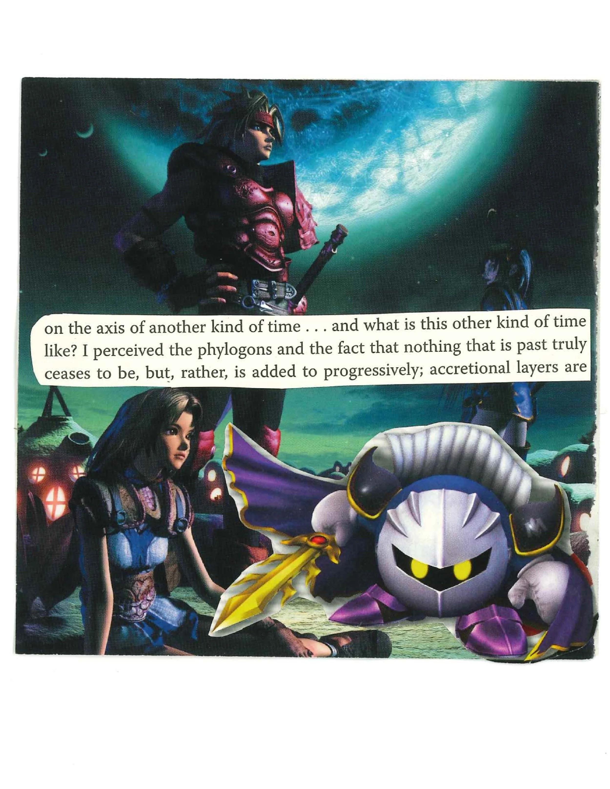 Collage of fantasy characters, including an armored warrior with a large sword, a seated woman in a blue dress, and a small masked character with a sword. The background features a celestial scene. Text overlay reads about time perception and accreti