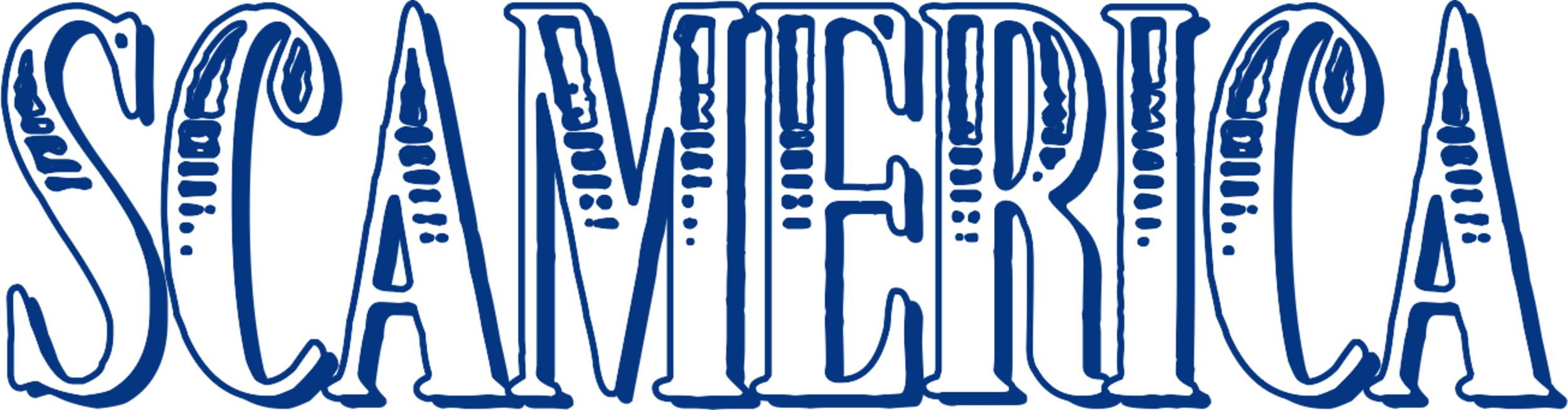 Text "SCAMERICA" in stylized, bold blue letters.