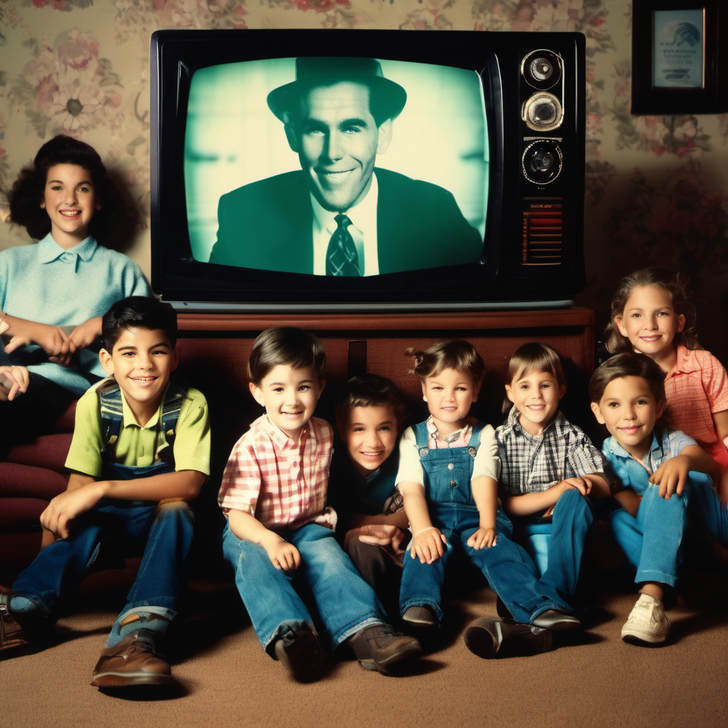 Vintage family watching a retro television showing a black-and-white image of a man in a suit and hat, surrounded by children smiling in 1950s-style clothing, seated on a carpet in a cozy living room with floral wallpaper.