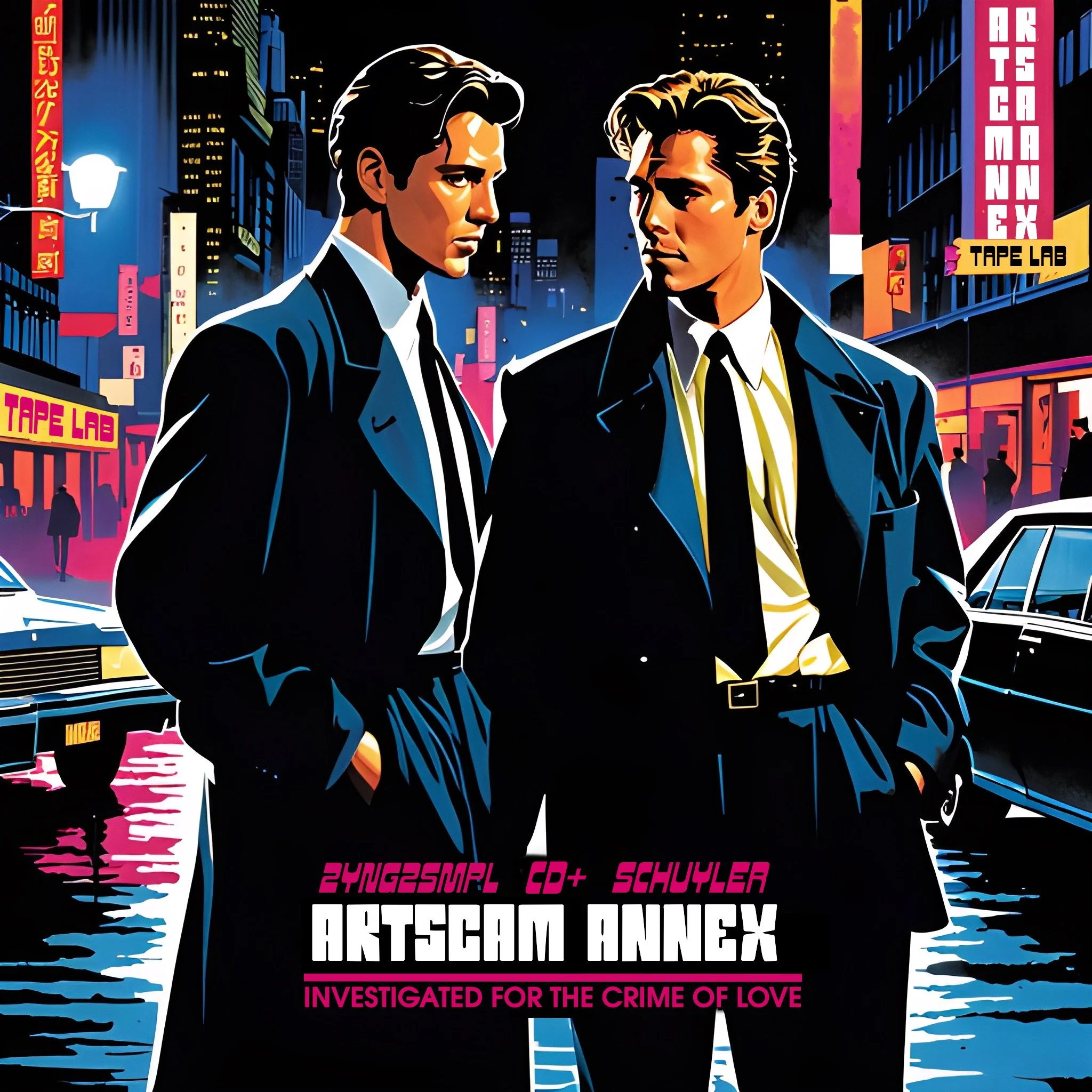 Illustration of two men in suits standing on a neon-lit city street with Chinese signs and a classic car. Text at the bottom reads "ArtScam Annex Investigated for the Crime of Love."