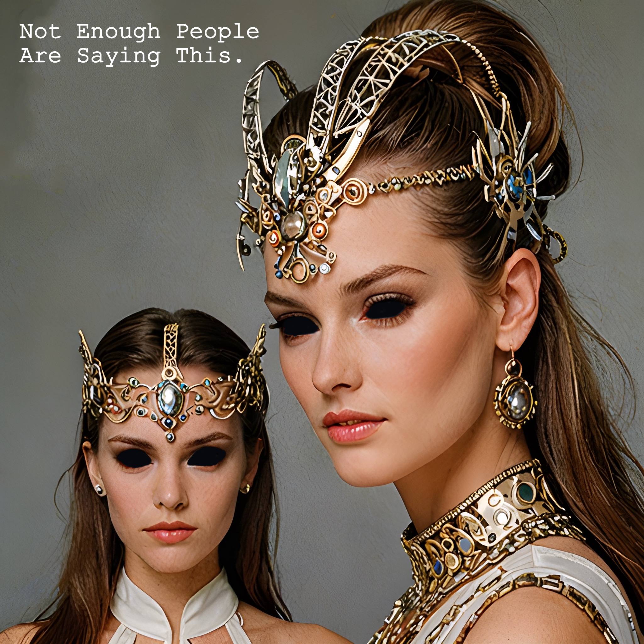 Two women wearing elaborate gold and bejeweled headpieces and jewelry, with a mystical appearance and darkened eyes, against a gray background. Text present says: "Not Enough People Are Saying This."