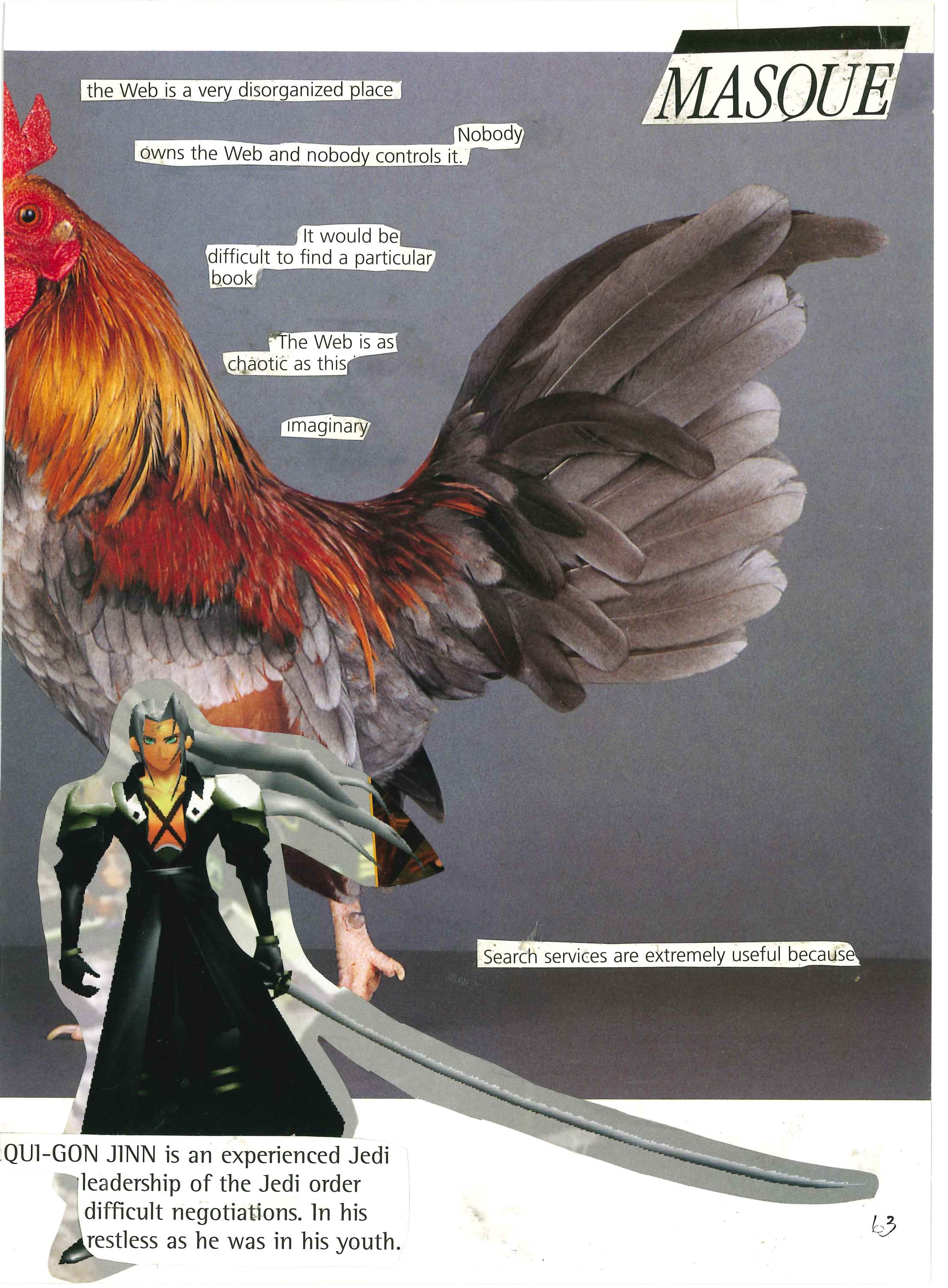 Collage featuring a rooster and a character with long hair and a black outfit, overlaid with text snippets about the web being disorganized and chaotic, and references to a Jedi named Qui-Gon Jinn.