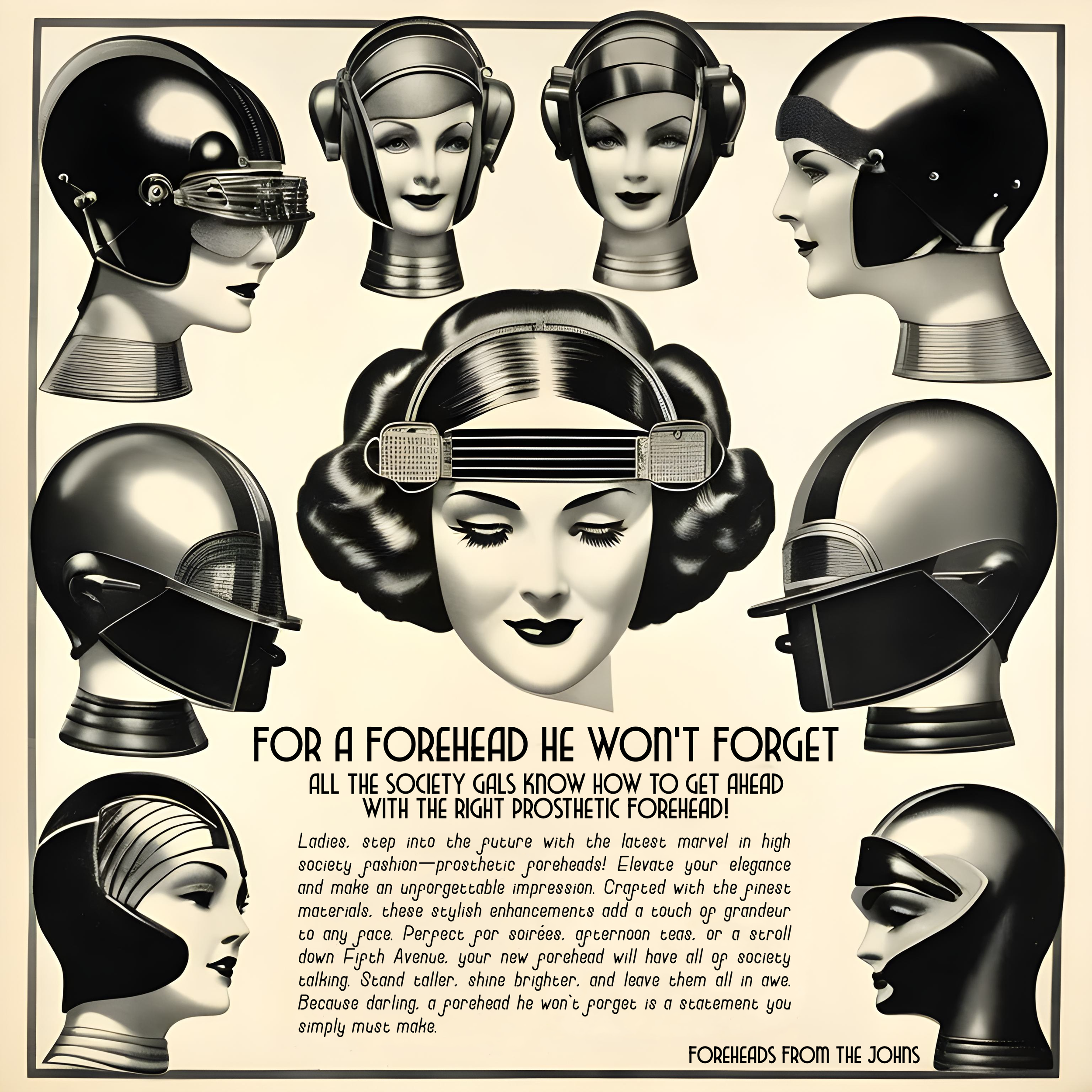 Retro advertisement featuring illustrated women wearing futuristic helmets and forehead accessories with a vintage design style.