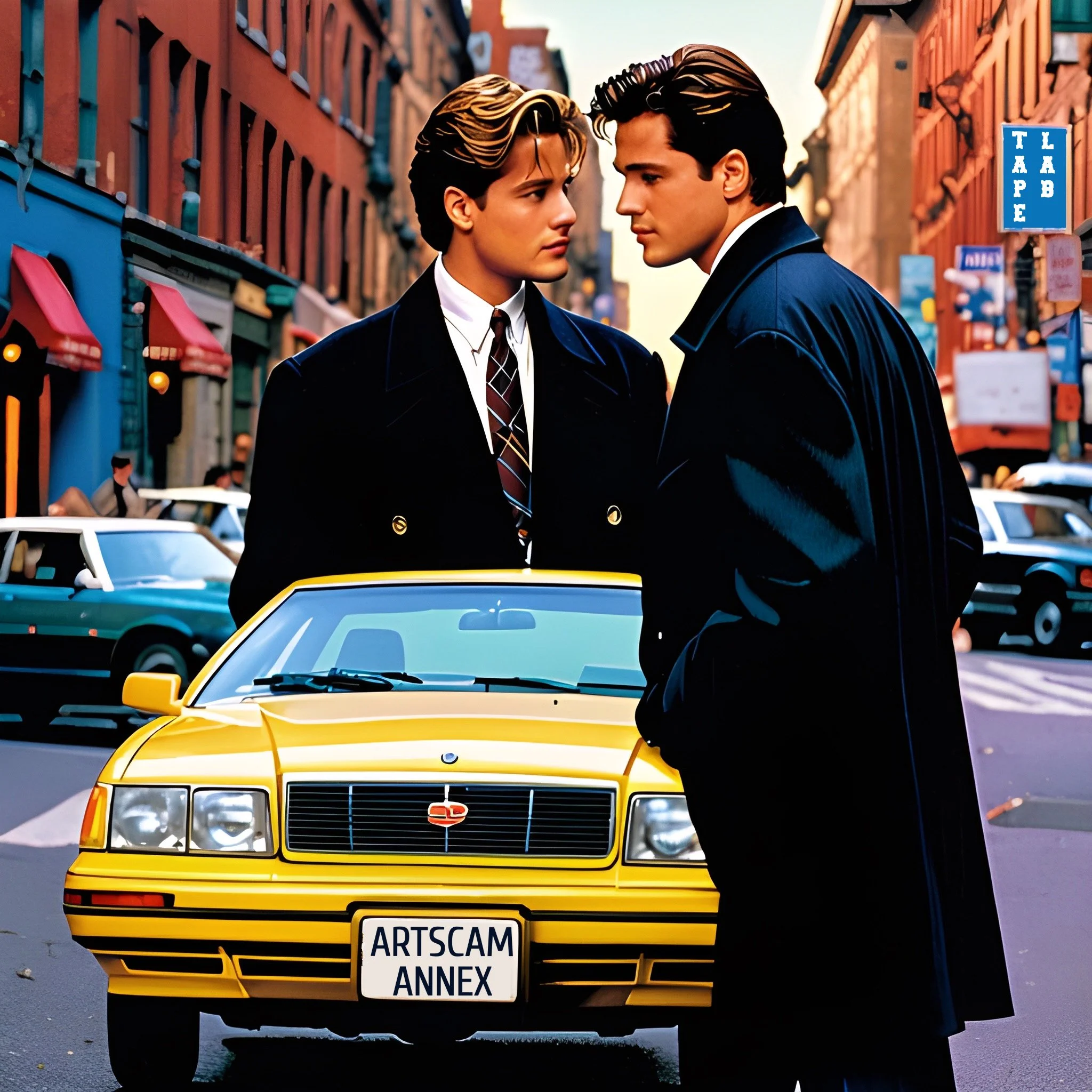 Two men in formal attire stand facing each other in front of a yellow car with a license plate reading "ARTSCAM ANNEX" on a city street.
