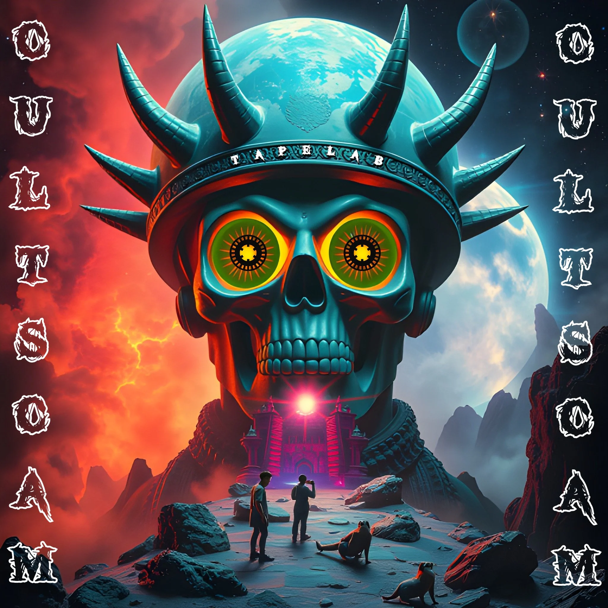 Surreal artwork with giant horned skull against a colorful mountainous landscape, people and animals in foreground.