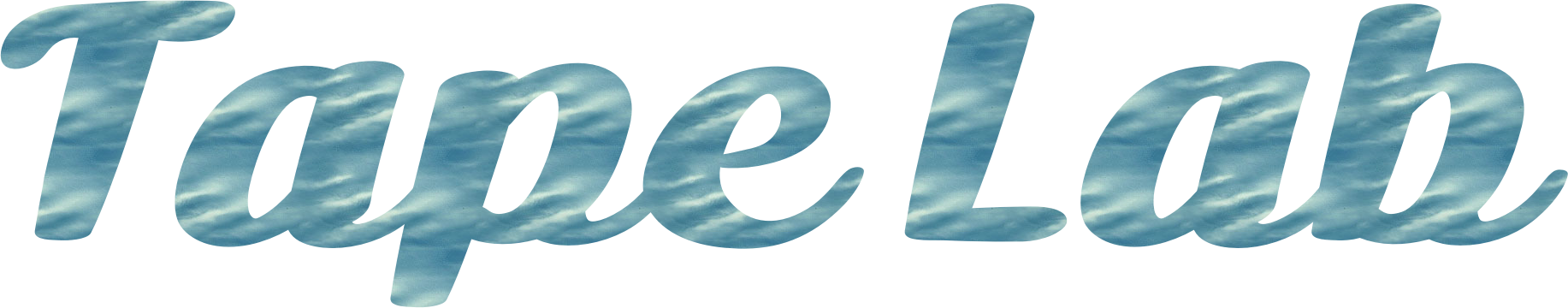 The text "Tape Lab" in blue sky texture with clouds, written in a cursive font.