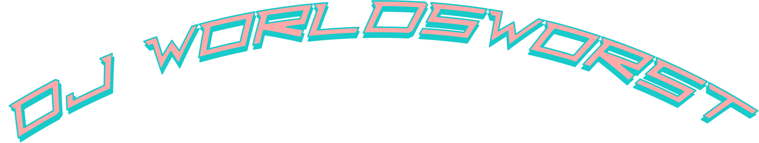 Text logo "DJ WORLDSWORST" in stylized 3D font with turquoise color and pink outline, arched shape.