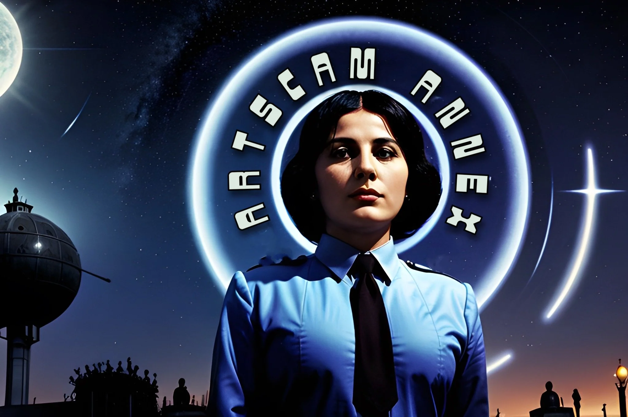 Person in blue uniform, futuristic setting, "ARTECAM ANNEX" text, night sky background with celestial bodies.