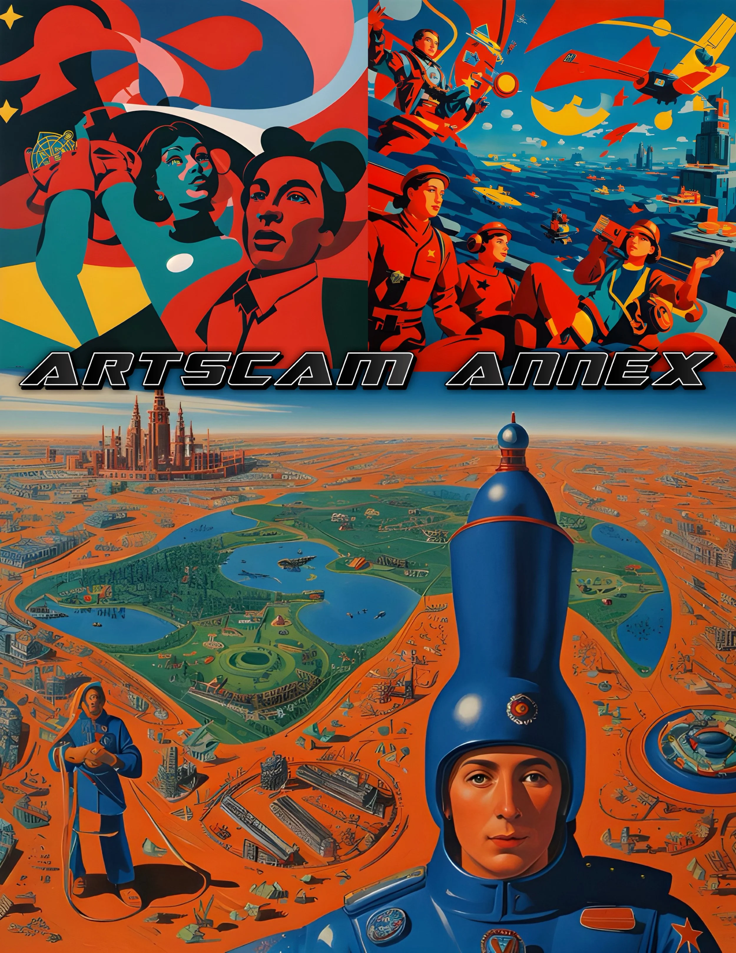 A colorful, retro-futuristic artwork depicting stylized figures in vibrant red and blue tones. The top section shows abstract figures and scenes of aviation. The bottom depicts a futuristic landscape with buildings and a person in a distinctive blue