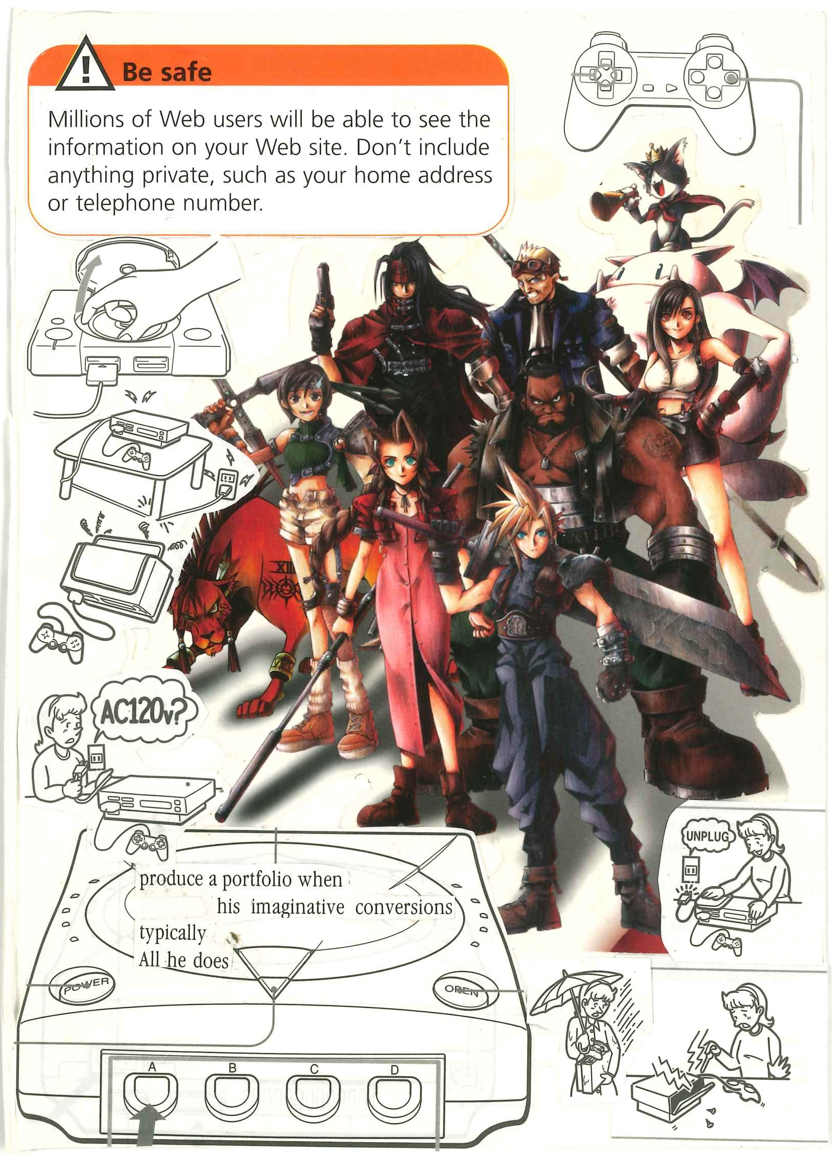 Illustration of video game characters from "Final Fantasy VII" with safety tips and sketches of gaming consoles and controllers.