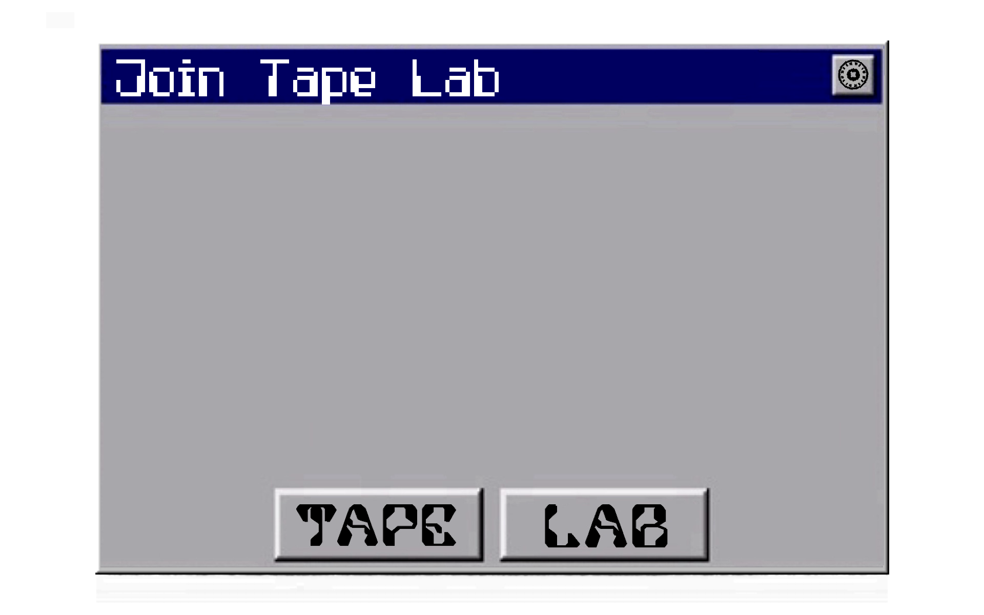 A retro computer window titled 'Join Tape Lab' with two buttons labeled 'TAPE' and 'LAB'.