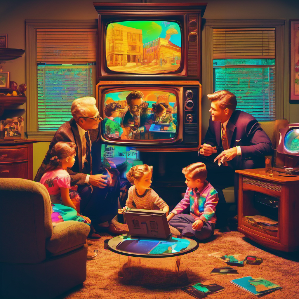Retro living room scene with vintage televisions and a group of adults and children engaging with a futuristic tablet device on a glass table, vibrant colors and mood lighting.