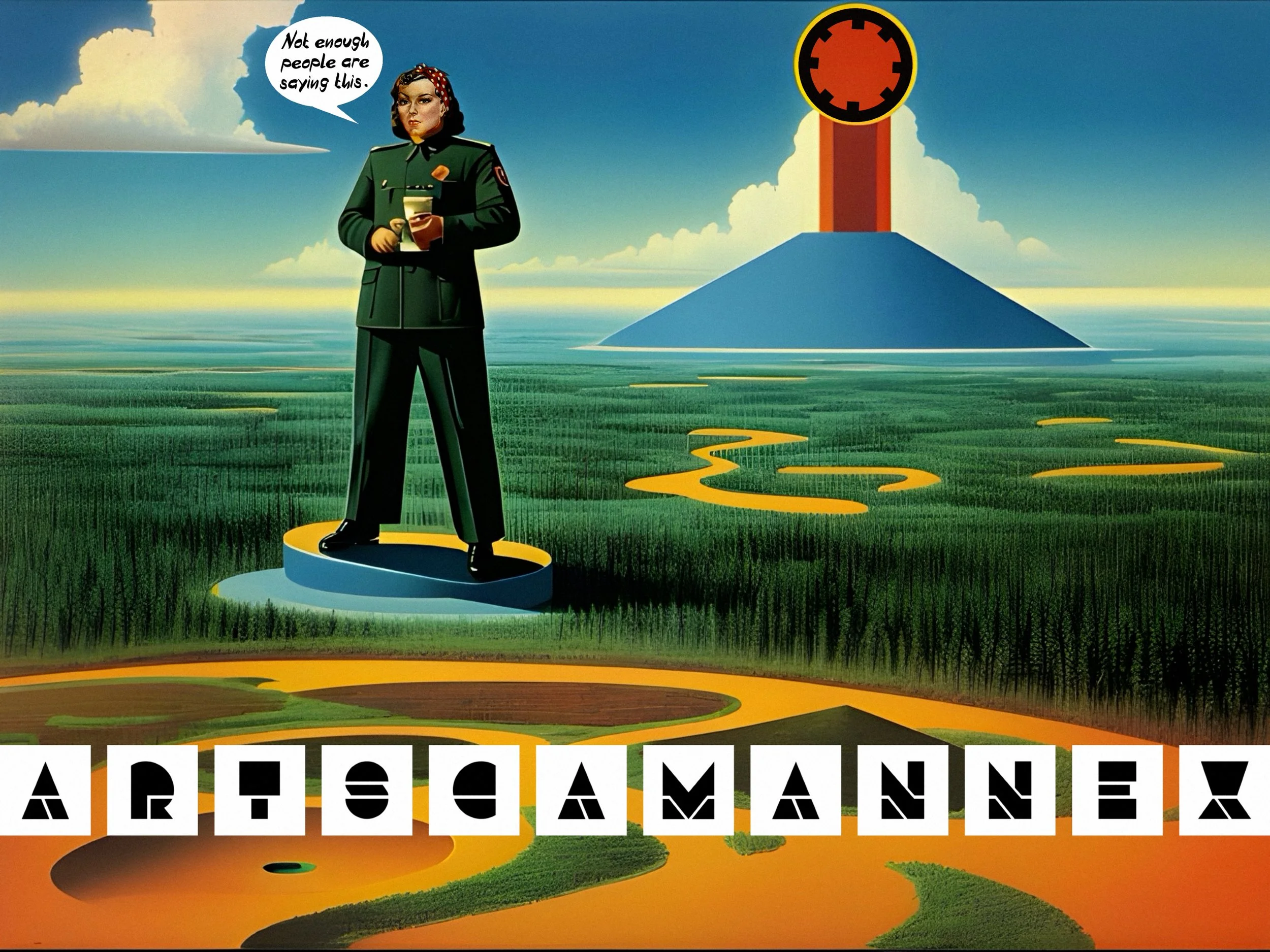 A surreal digital illustration featuring a person in a uniform standing on a circular platform in a vast, stylized landscape with a volcano and flowing patterns. Speech bubble reads 'Not enough people are saying this.' The foreground displays the wor
