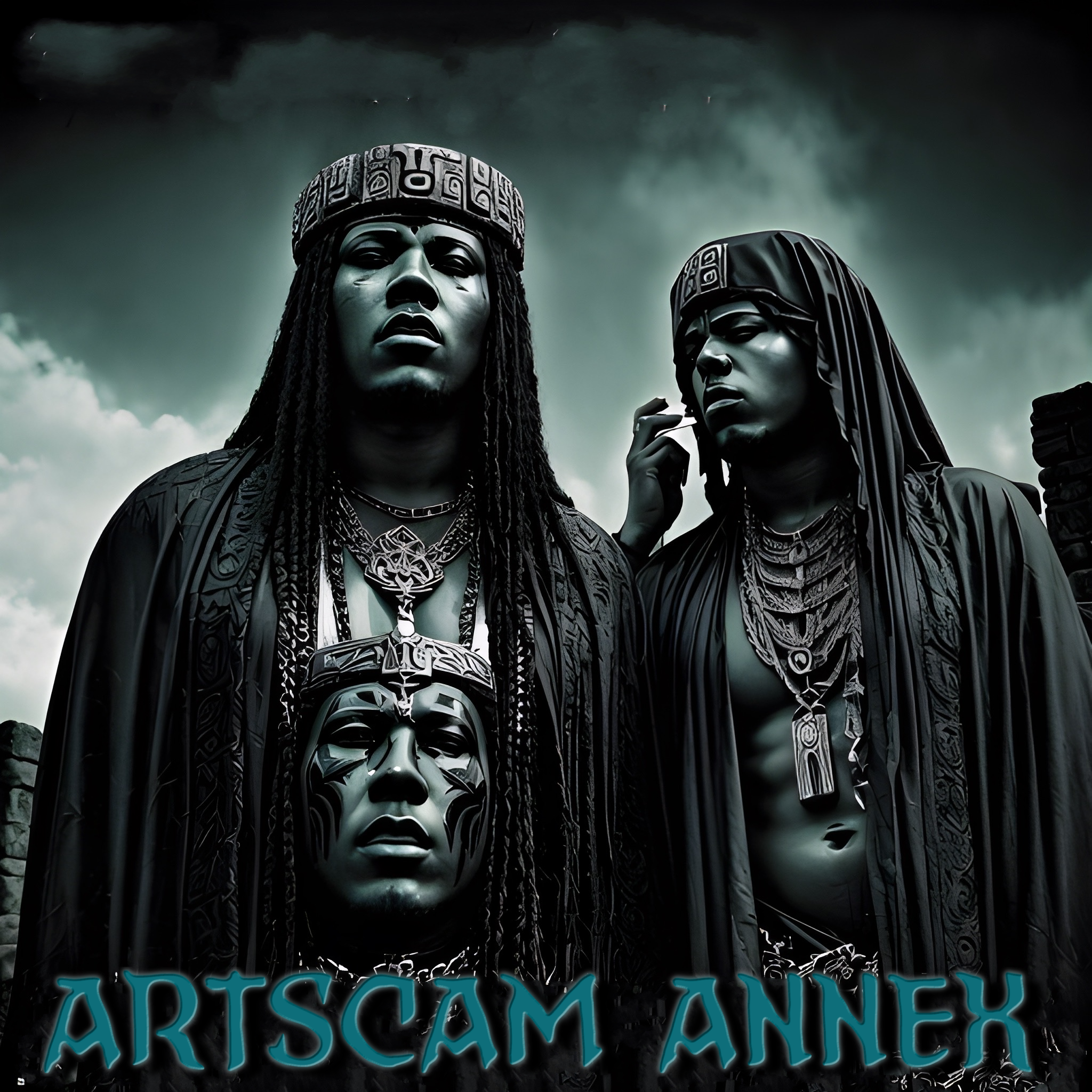 Two people wearing ornate headdresses and robes, with dramatic, stylized face paint, under a cloudy sky. The text "ARTSCAM ANNEX" is displayed at the bottom of the image.