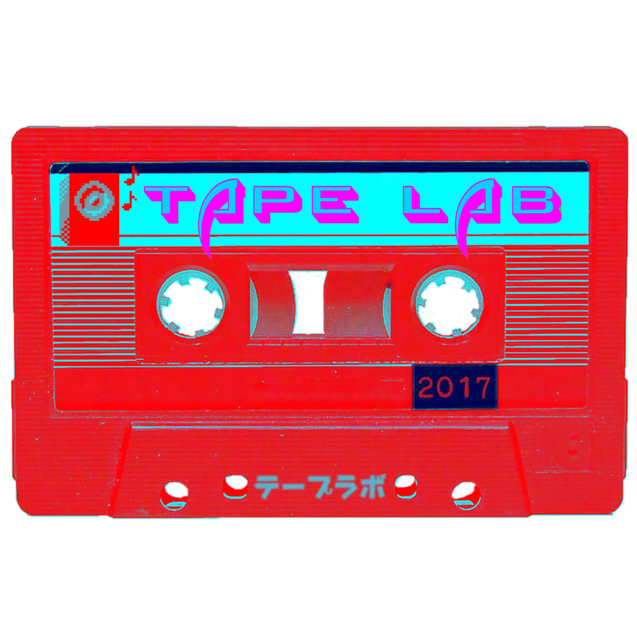 Retro-style red cassette tape with neon colors, labeled 'TAPE LAB' on the top and '2017' on the bottom right.
