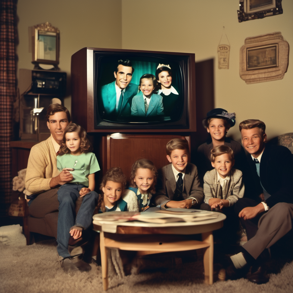 Vintage family gathered around a television