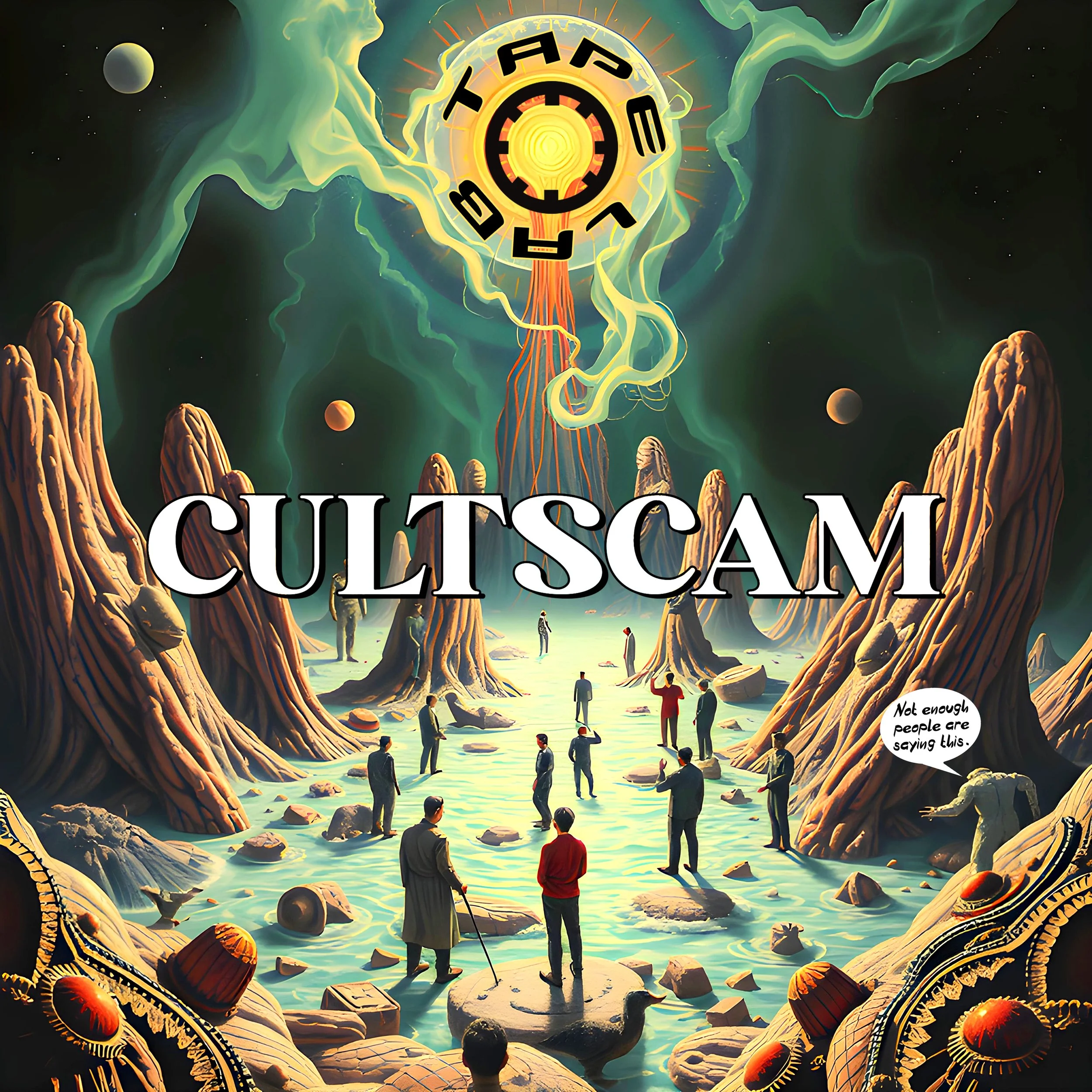 Futuristic landscape with people and mysterious object in sky, labeled 'Cultscam.'