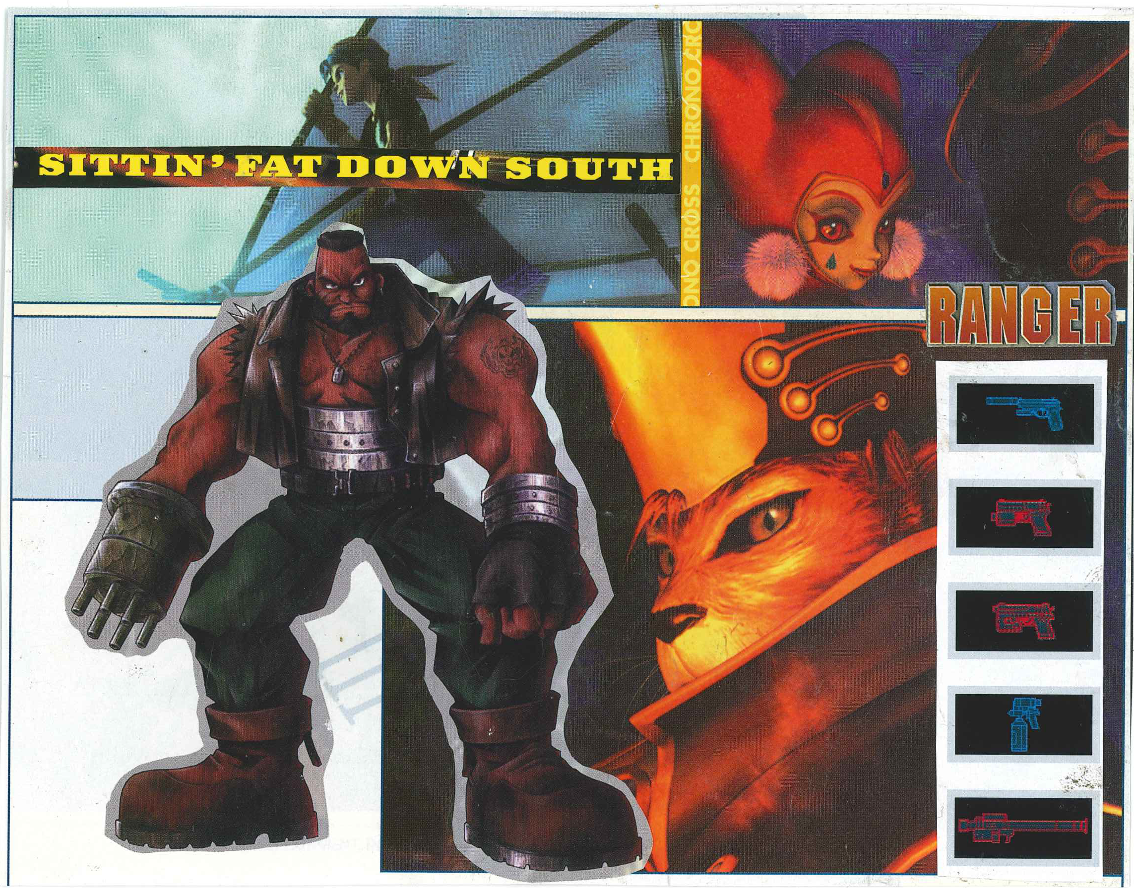 Collage of video game characters and weapons, featuring muscular man, text "Sittin' Fat Down South," character with red hat, and illustrated cat-like figure.