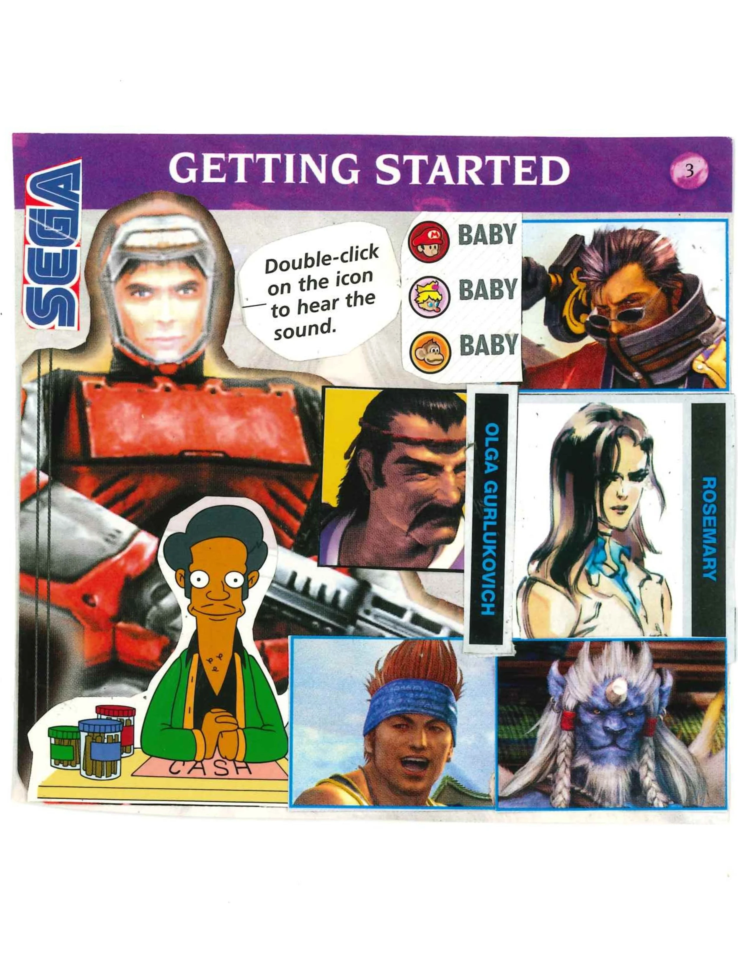 Collage of various video game characters from SEGA and other sources, including animated and game graphics, with text "Getting Started" and "Double-click on the icon to hear the sound." Includes small icons labeled "BABY" and a character with a "CASH