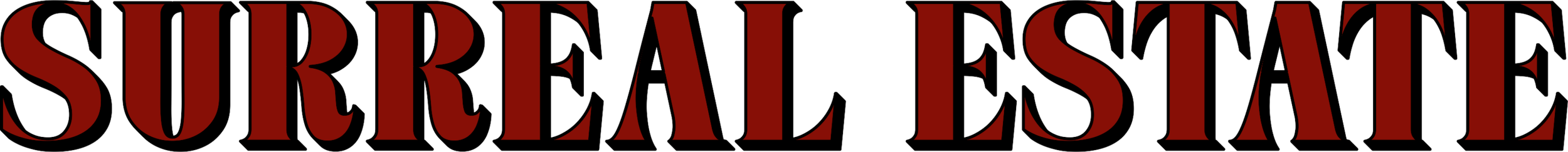 The image contains the text "SURREAL ESTATE" in large, bold red letters on a black background.