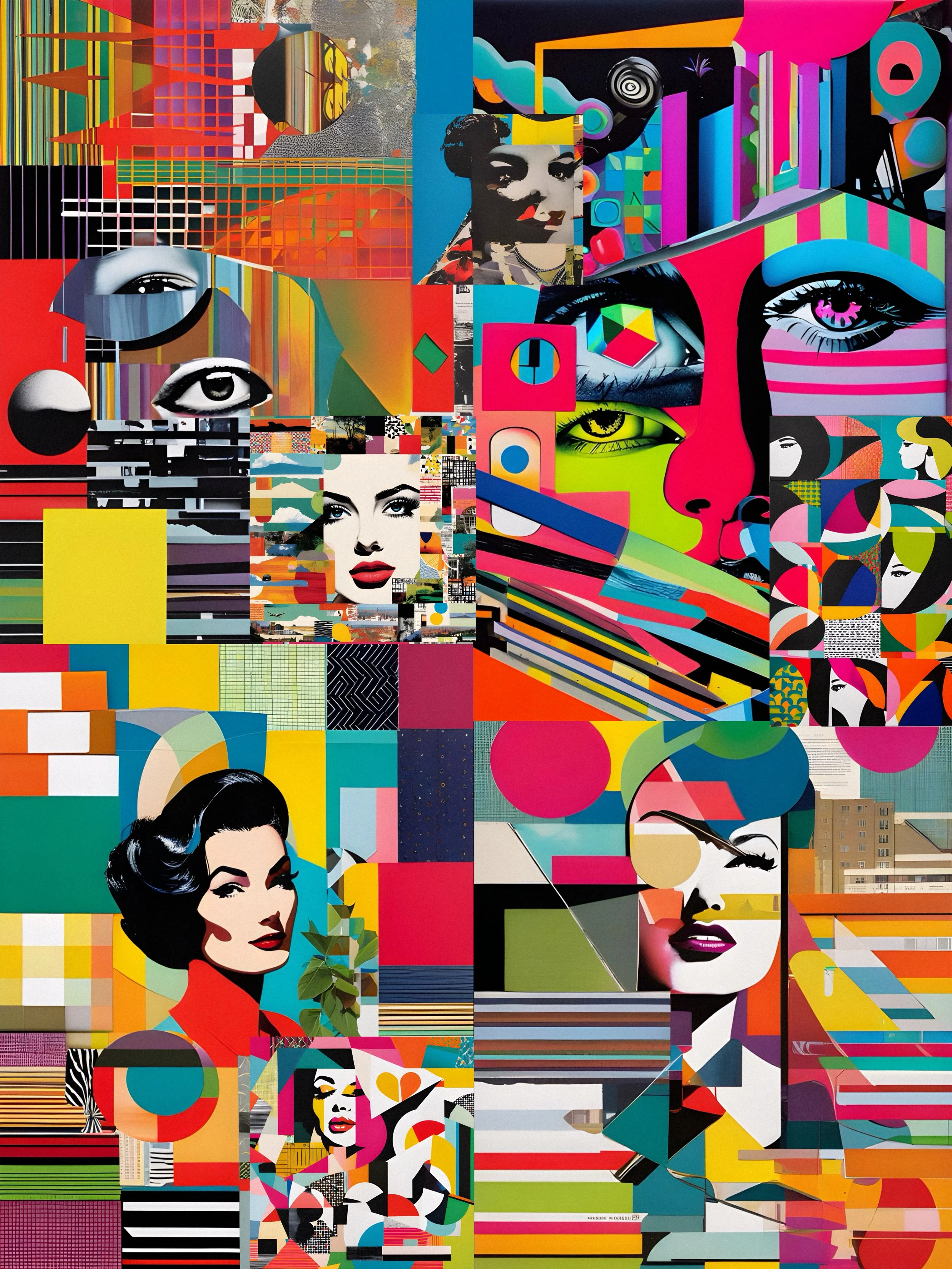 Collage of vibrant pop art portraits with geometric patterns, bold colors, and abstract designs.