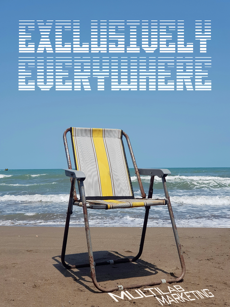 A beach scene with an empty striped lounge chair on the sand, waves in the ocean, and a clear blue sky. The image features text "EXCLUSIVE LOUNGE TYPE" at the top and "MULTILAB MARKETING" at the bottom.